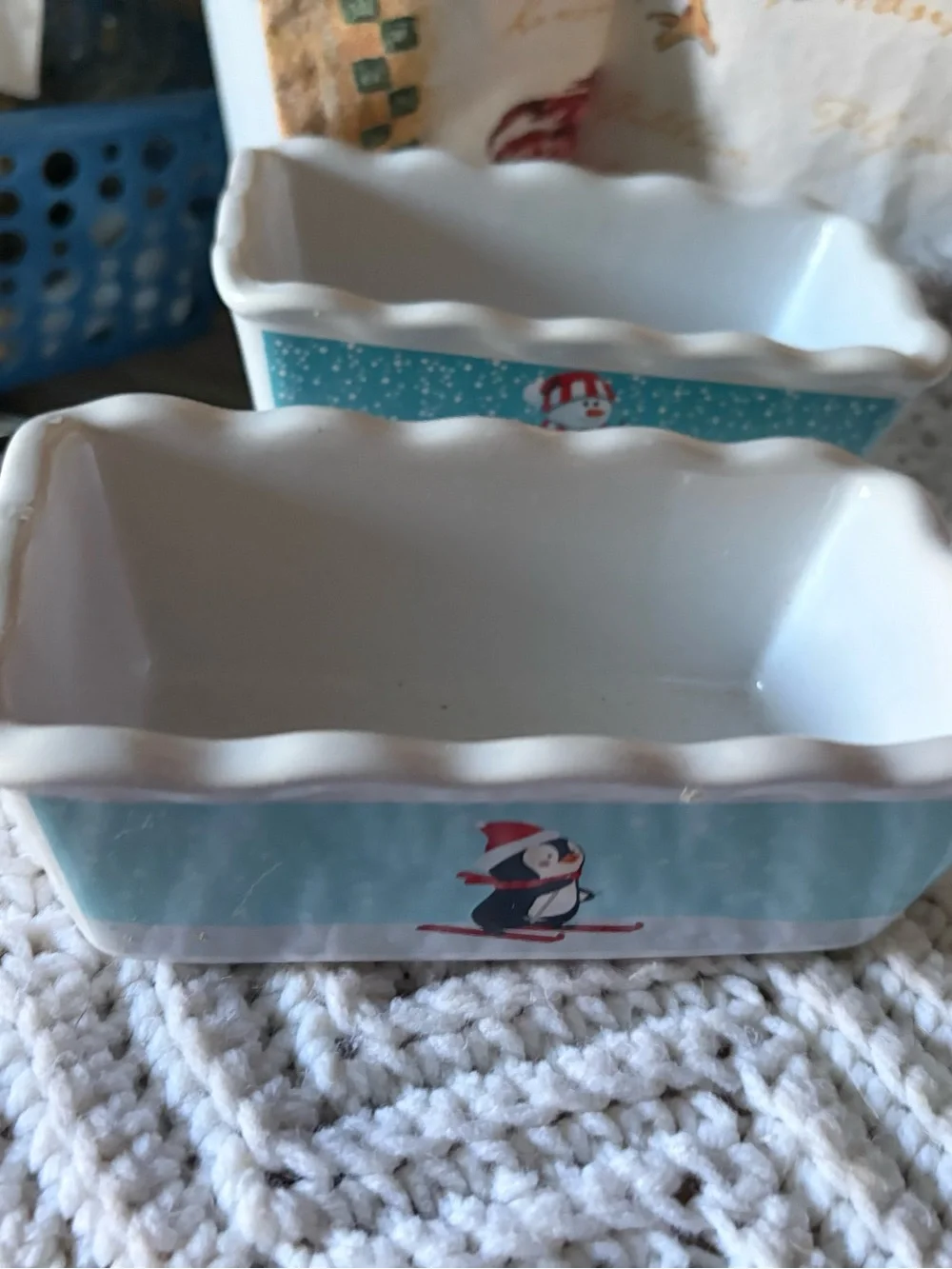 Festive Snowman & Penguin Ceramic Baking Dishes - Blue